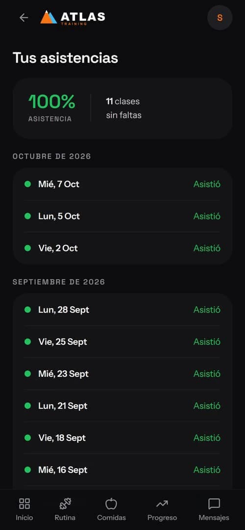 Historial de asistencias del alumno, con su porcentaje y el detalle clase por clase.