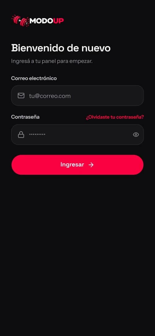 Pantalla de ingreso de la app, con los campos de correo y contraseña y el botón Ingresar.