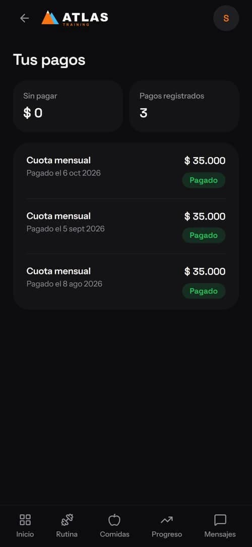 Pantalla de pagos del alumno, con lo que debe y la lista de cobros.
