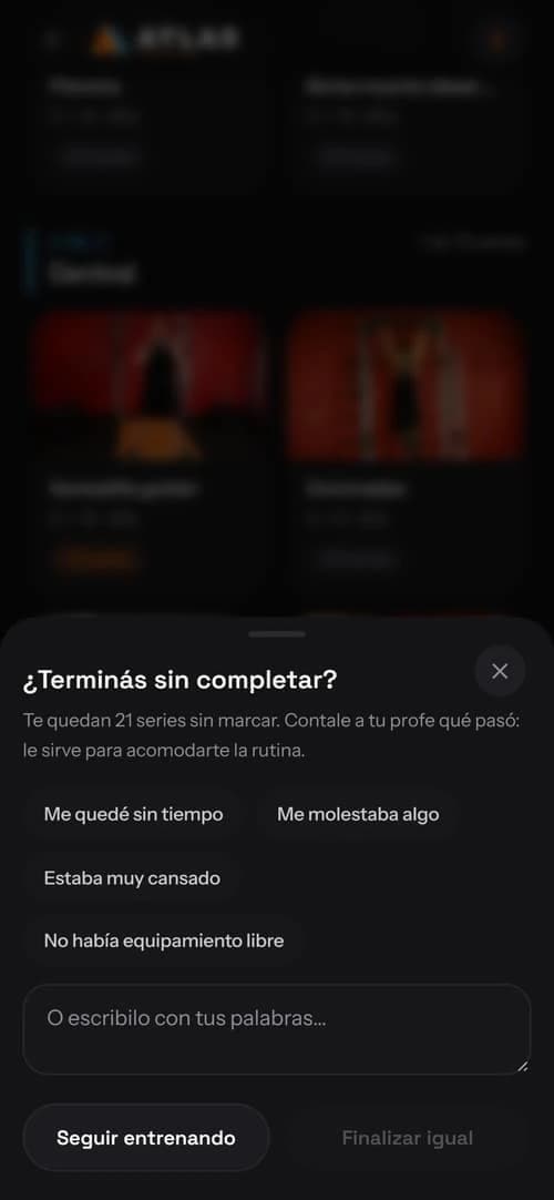 Pantalla de cierre del entrenamiento, con los motivos para elegir y un campo para escribir.