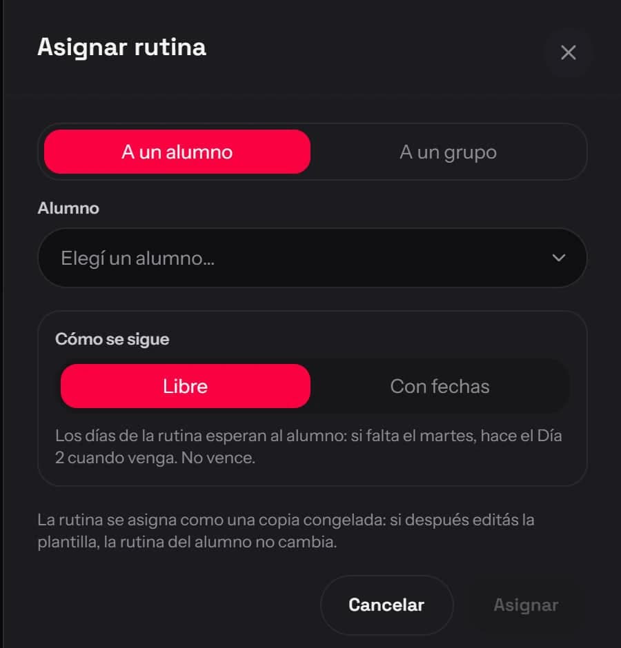 Ventana Asignar rutina: a un alumno o a un grupo, y si se sigue libre o con fechas.