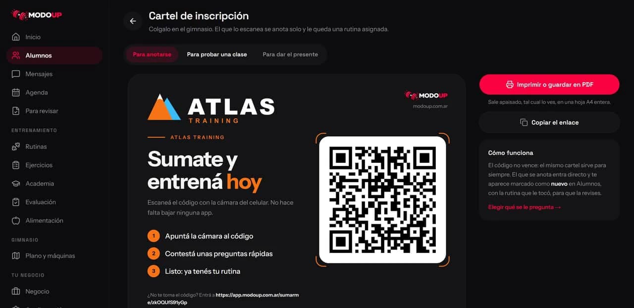 Pantalla del cartel QR: los tres tipos de cartel, el código, imprimir, copiar el enlace y las preguntas.