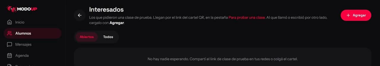 Lista de interesados, con el botón para agregar y los filtros de abiertos y todos.