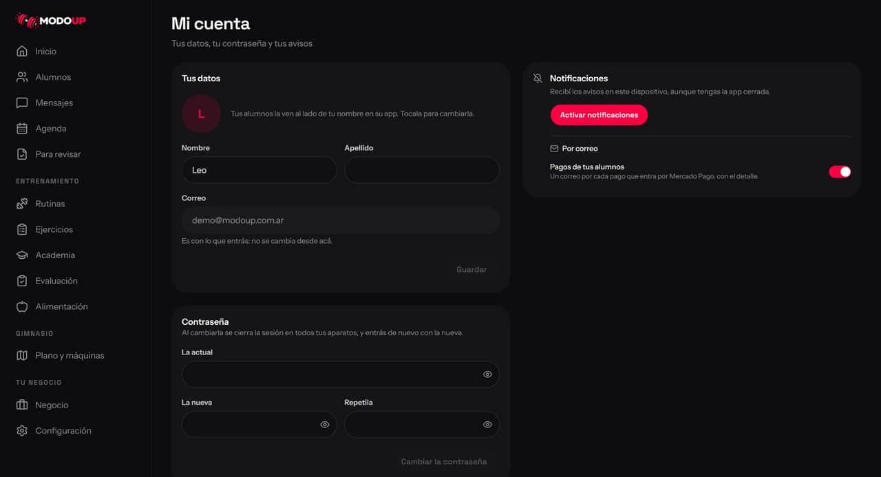 Mi cuenta: foto, datos personales, notificaciones, avisos por correo y cambio de contraseña.