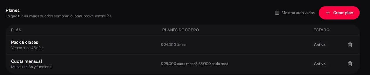 Pestaña Planes: un pack de clases y una cuota mensual, con sus precios.