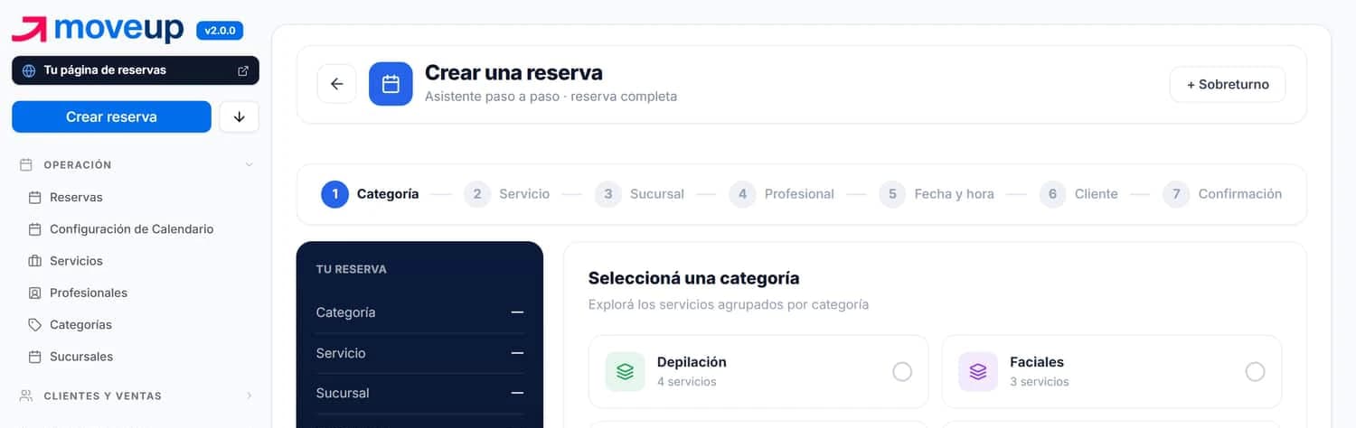 Asistente para crear una reserva: los siete pasos, el resumen y el botón Sobreturno.