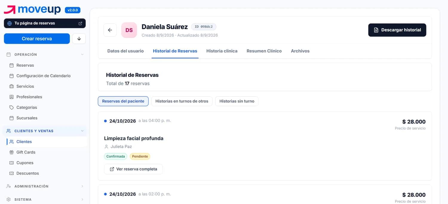 Ficha de un cliente: sus datos, el historial de turnos, historia clínica y descarga.