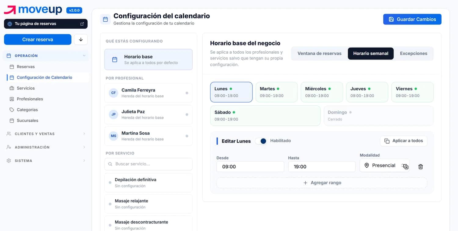 Configuración de horarios: base, por profesional y por servicio, con los rangos de cada día.