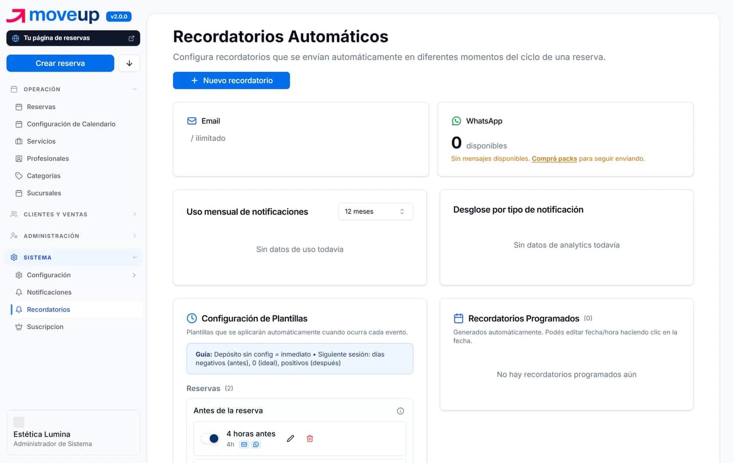 Recordatorios: mensajes de WhatsApp disponibles, cuándo se mandan, los textos y lo que está por salir.
