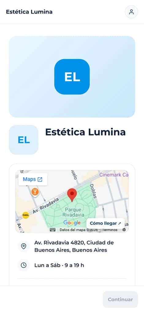 Página del negocio en la web de reservas: marca, mapa con la dirección y horarios.
