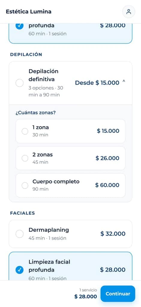 Un servicio con opciones en la web de reservas: la pregunta y cada opción con su precio.
