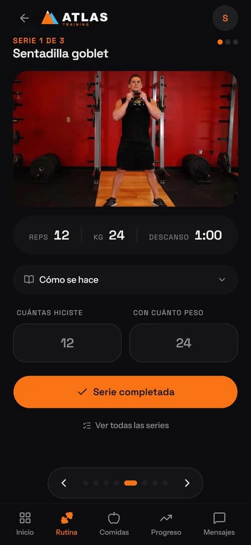 Pantalla de un ejercicio: foto, objetivo de la serie, instrucciones y campos para anotar lo hecho.