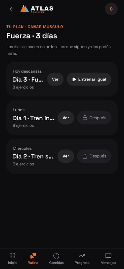 Pantalla de la rutina del alumno, con el día que le toca arriba y los que siguen debajo.