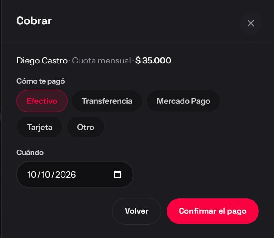 Ventana Cobrar: qué se cobra, el medio de pago, la fecha y el botón de confirmar.