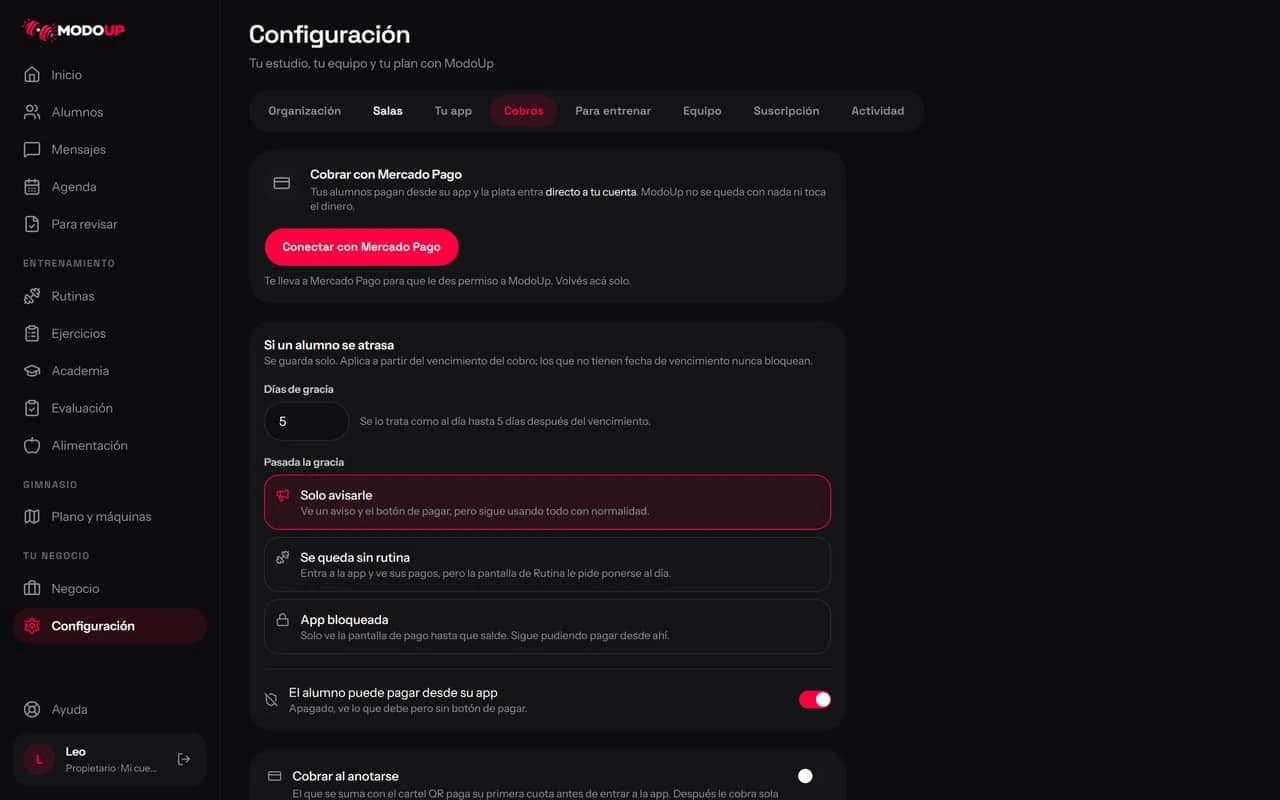 Configuración de cobros: conectar Mercado Pago, días de gracia, qué pasa si se atrasa y las opciones de pago.