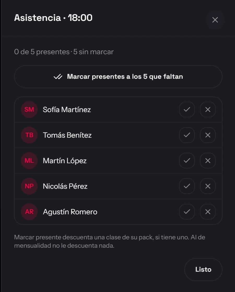 Ventana de asistencia de una clase, con cada alumno y los botones de presente y ausente.